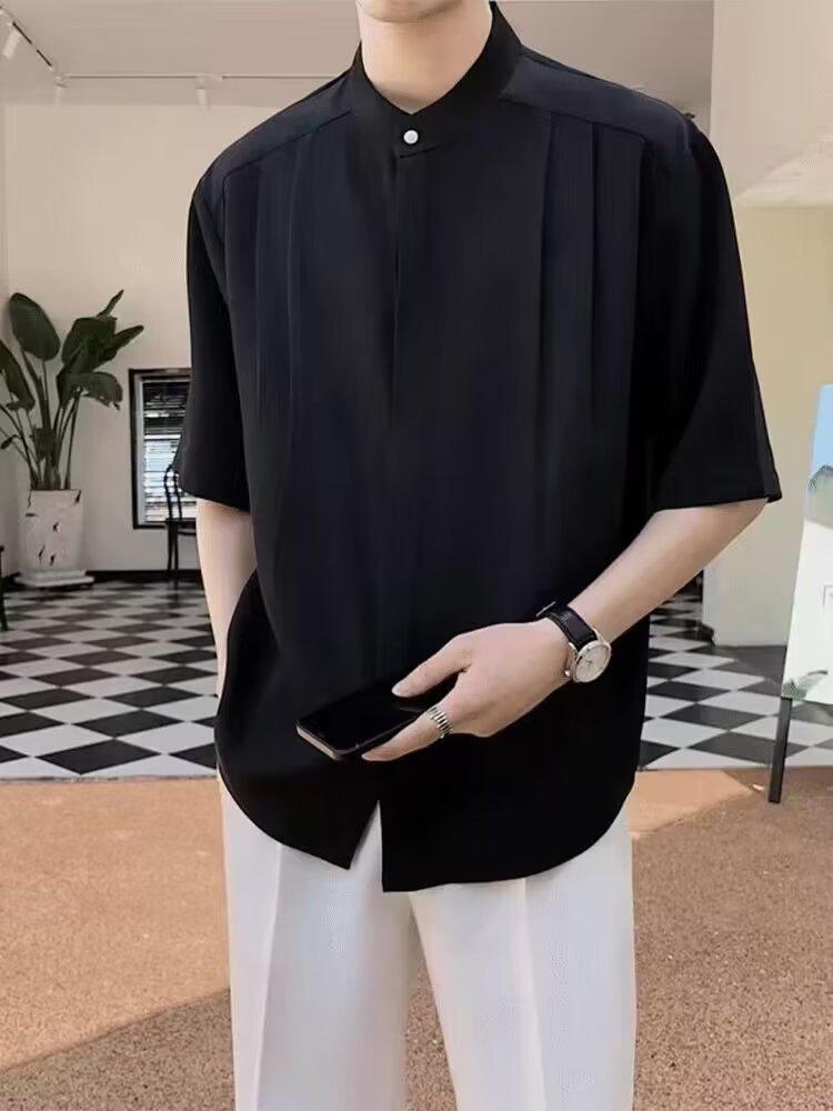 Мужская рубашка Slim Fit Ice Silk с коротким рукавом, новый китайский и корейский стиль — не требует глажки, легкий дизайн для взрослых