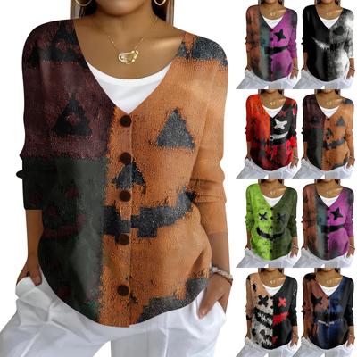 Женский модный повседневный вязаный свитер на пуговицах, кардиган-жакет с принтом на Хэллоуин