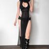 AltGoth Coquette Dark Gothic Сексуальное Платье Женское Винтажное Y2k Cyberpunk Прозрачное Трикотажное Платье с Вырезом И Разрезом С Высокой Талией И Капюшоном