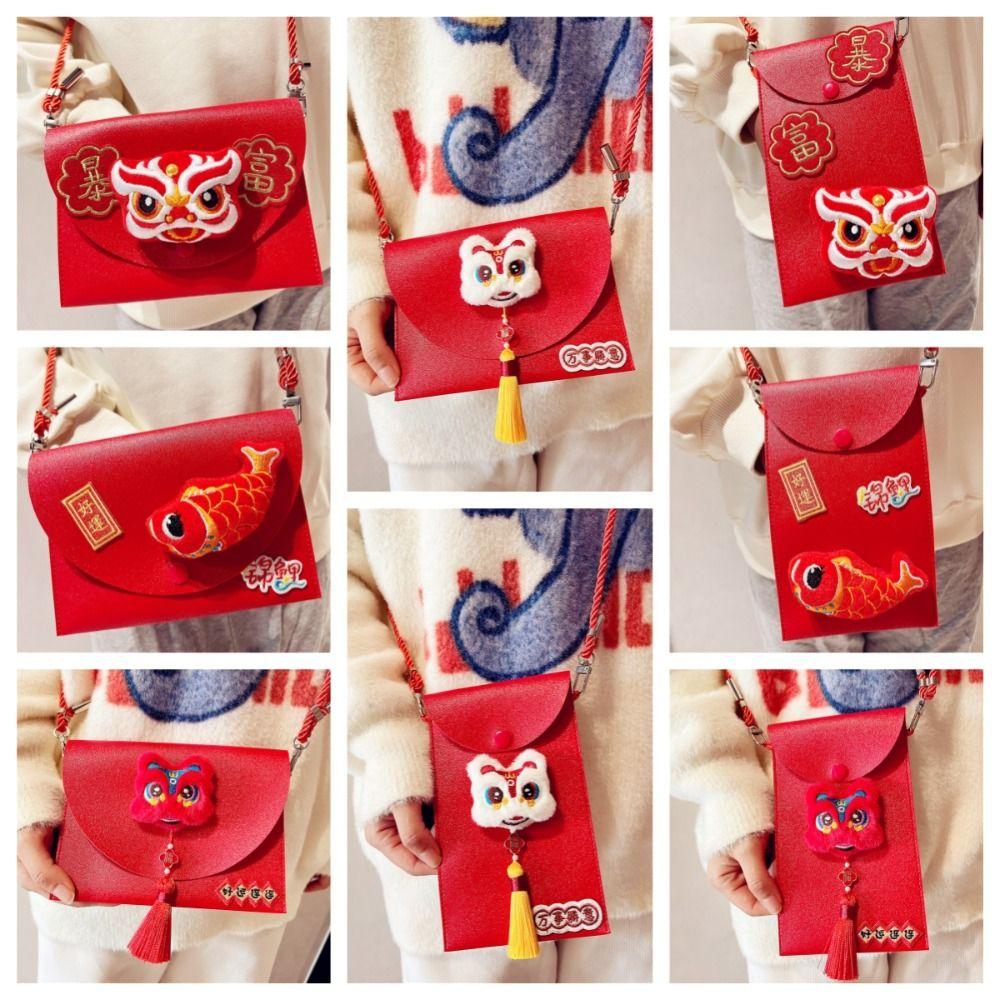 Chinese Plush Koi Lucky Money Packet Cross Body Lion Dance New Year Money Envelope  Party Gifts
