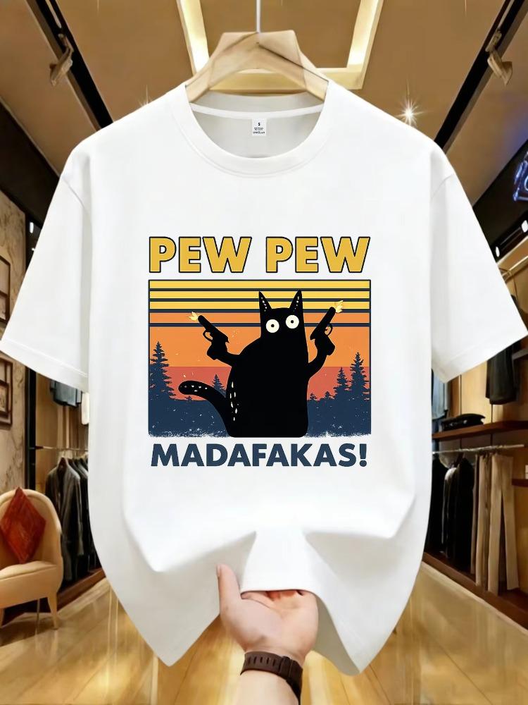 Pew Pew Madafakas Tshirt Unisex Short Sleeve Novelty Funny Cat T Shirt Cotton Loose Tops Shirts Tee T-Shirt Daily Streetwear