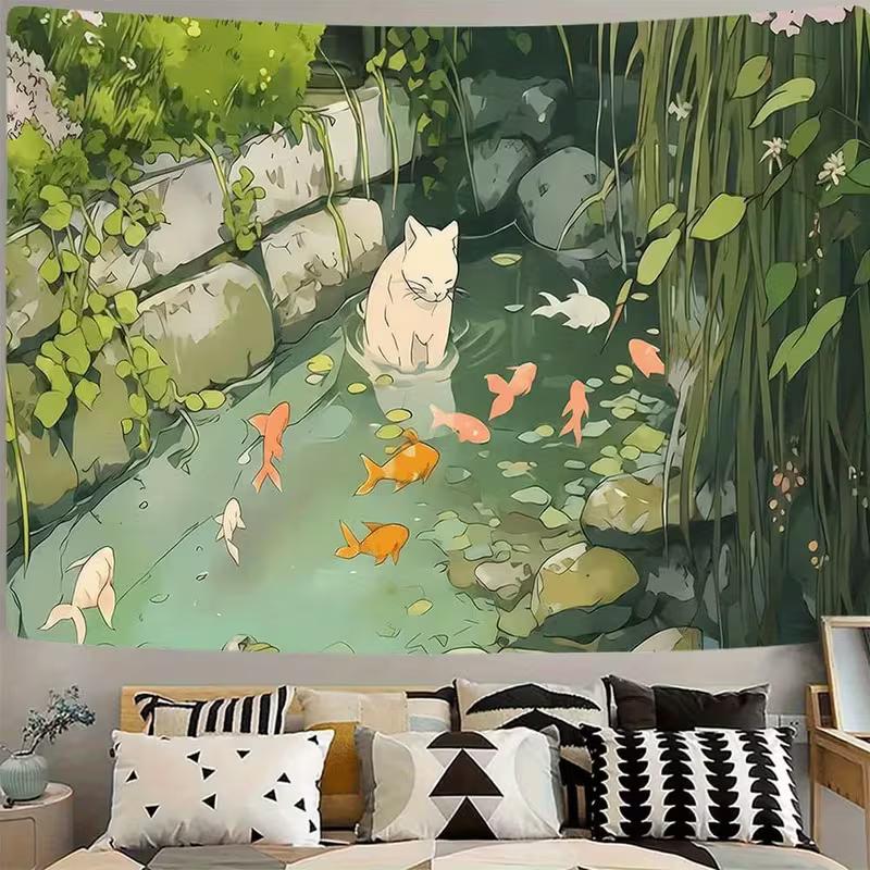 2D Зеленая кувшинка с золотыми рыбками, природа, настенное панно в винтажном стиле