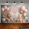 Teddy bear hot air balloon theme  including light brown teddy bear plush toys and pink floral wreath teddy bears.