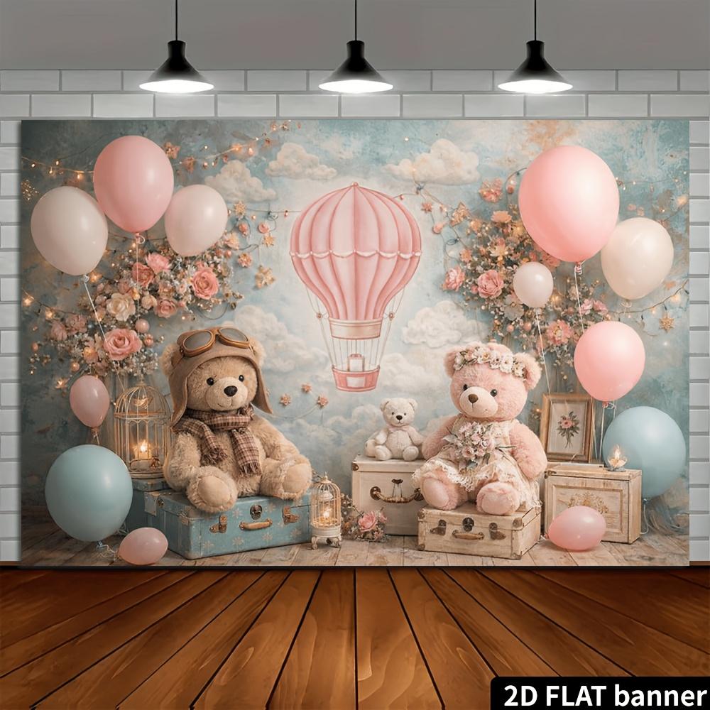 Teddy bear hot air balloon theme including light brown teddy bear plush toys and pink floral wreath teddy bears.