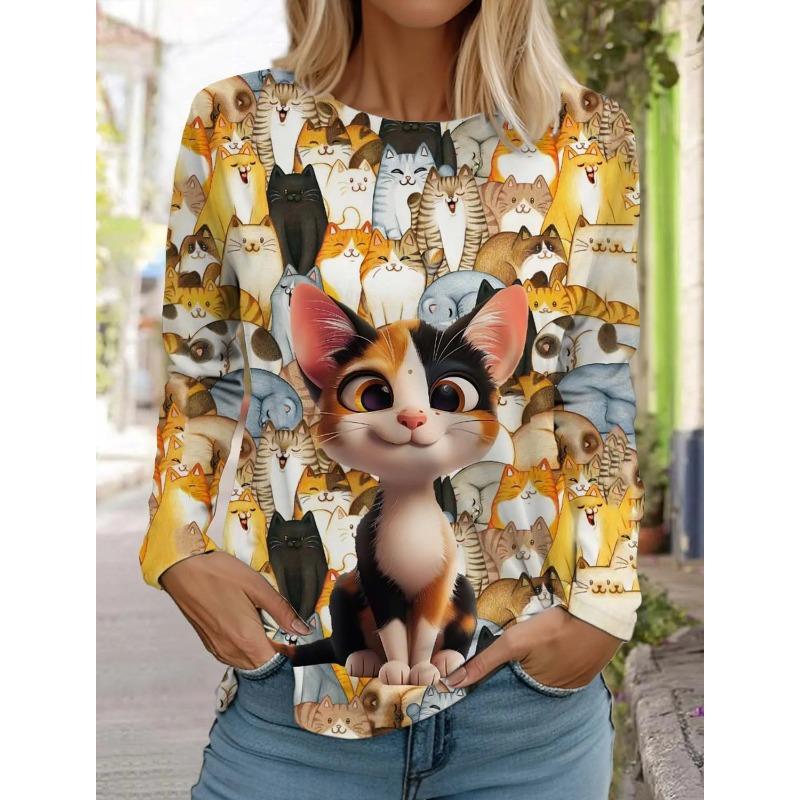 Women's Cute Cat Long Sleeves T-Shirt Round Neck Long Sleeved Autumn Animal Clothing Holiday Gift Clothing Fashion Party T-Shirt