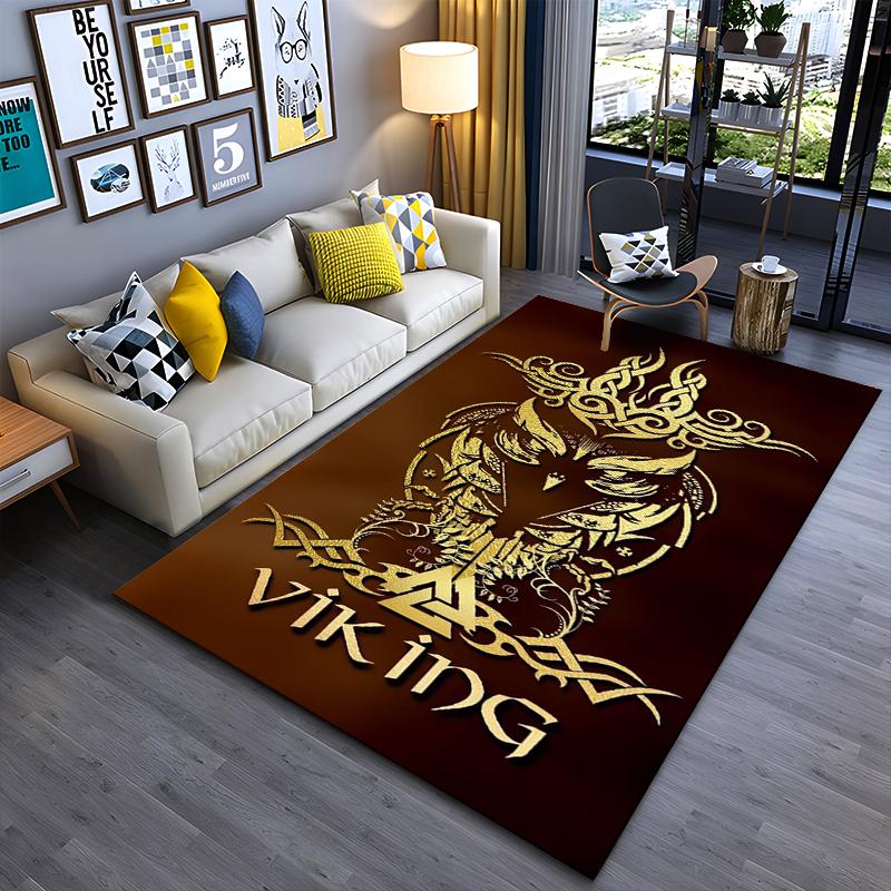 Norse Art Area Rug, Viking Owl Gold Celtic Knot Valknut Dark Brown Print, Pagan Mystic Cabin Decor, Non-Slip Mat