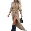 Women's Cotton Button Down Maxi T-shirt Dress Casual Long Sleeve Lapel Collared Long Dress Lace Up Waist Ladies Robes