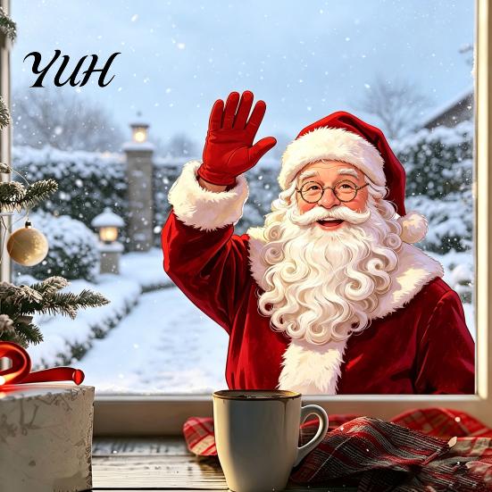 Retail Store Window Decor Christmas Static Clings, Waving Santa Stickers, No?Glue Removable Holiday Balcony Glass Decal for Home Shop Decoration