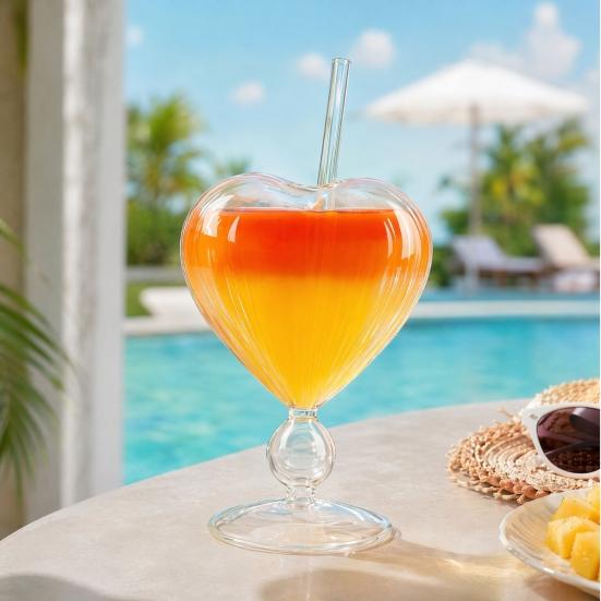 Creative Heart-shaped Goblet with Straw, Personalized Glass Wine Juice Cup, Love Heart Stemware for Champagne Martini, Wedding Gift