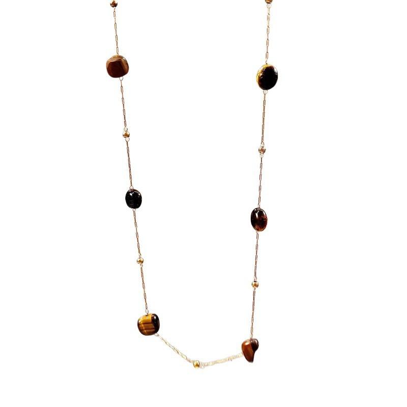 Layered Tiger Eye Pendant Necklace Women Vintage Melange Style Long Chain Statement Jewelry