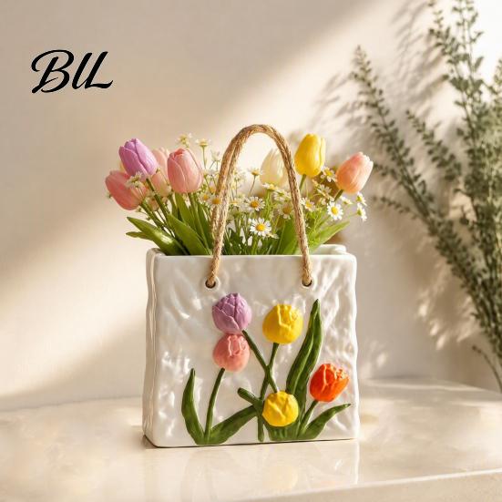 Dried Flower Display Vessel Handbag Shaped Ceramic Vase, Tulip Embossed Modern Large Tote Bag Home Decor Ornament Storage Box with Jute Rope