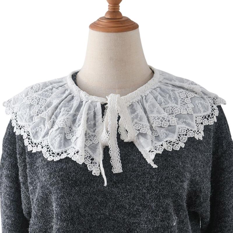 Women Girls Vintage Lolita False Fake Collar Shawl Sweet Ruffles Lace-Up Bow Decorative Necklace Choker Short Poncho