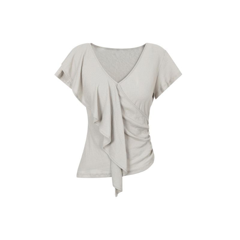 Irregular ruffle V-neck short-sleeved T-shirt for women's summer slim-fitting and thin waist Spice girl style top