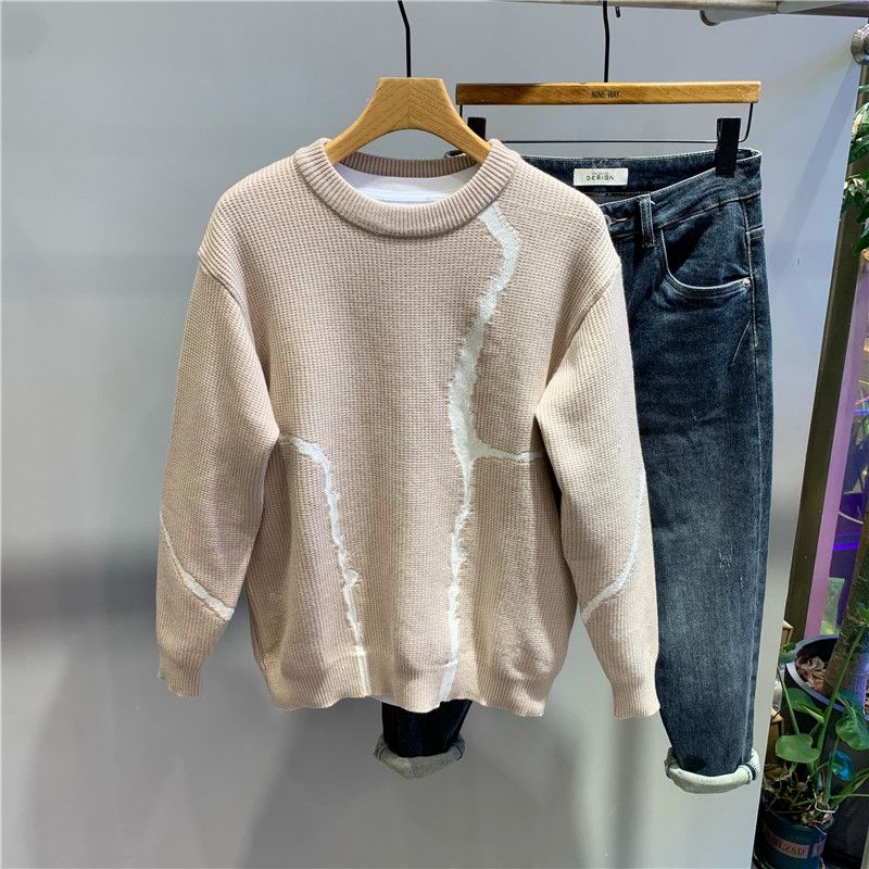 Мужской осенне-зимний новый модный свитер свободного кроя с цветовой блокировкой, теплый повседневный свитер с круглым вырезом, базовая футболка