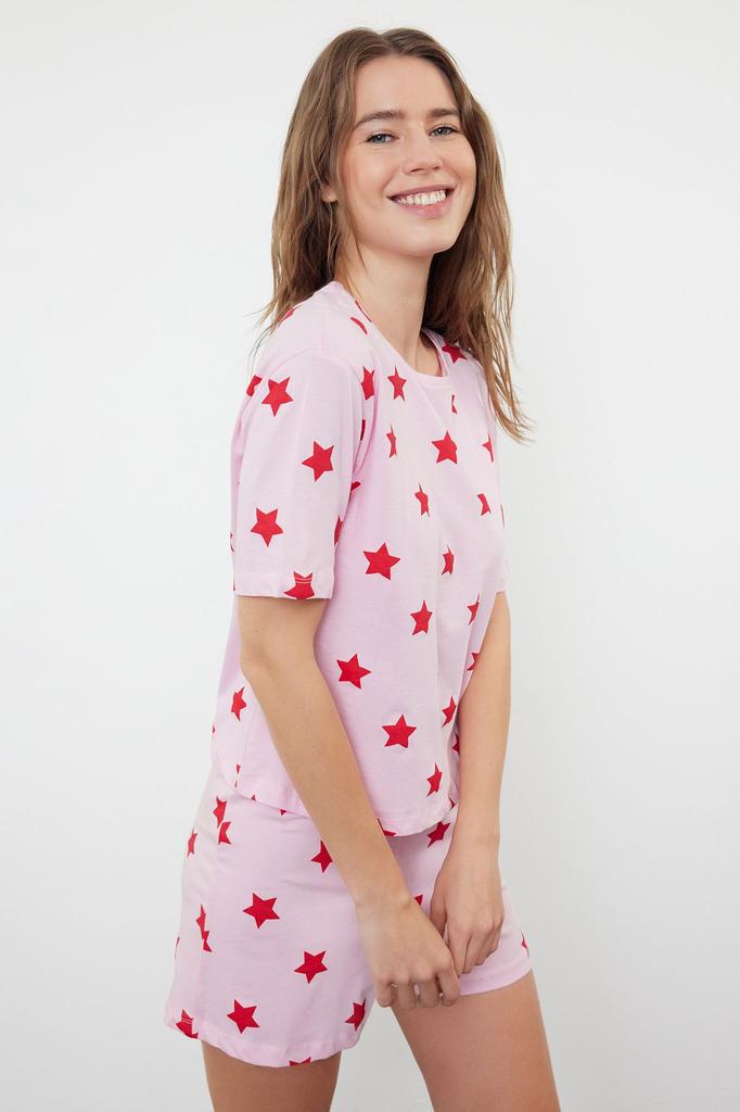 Women's Fashion Pink-Multicolored 100% Cotton Star Patterned T-shirt-Shorts Knitted Pajama Set
