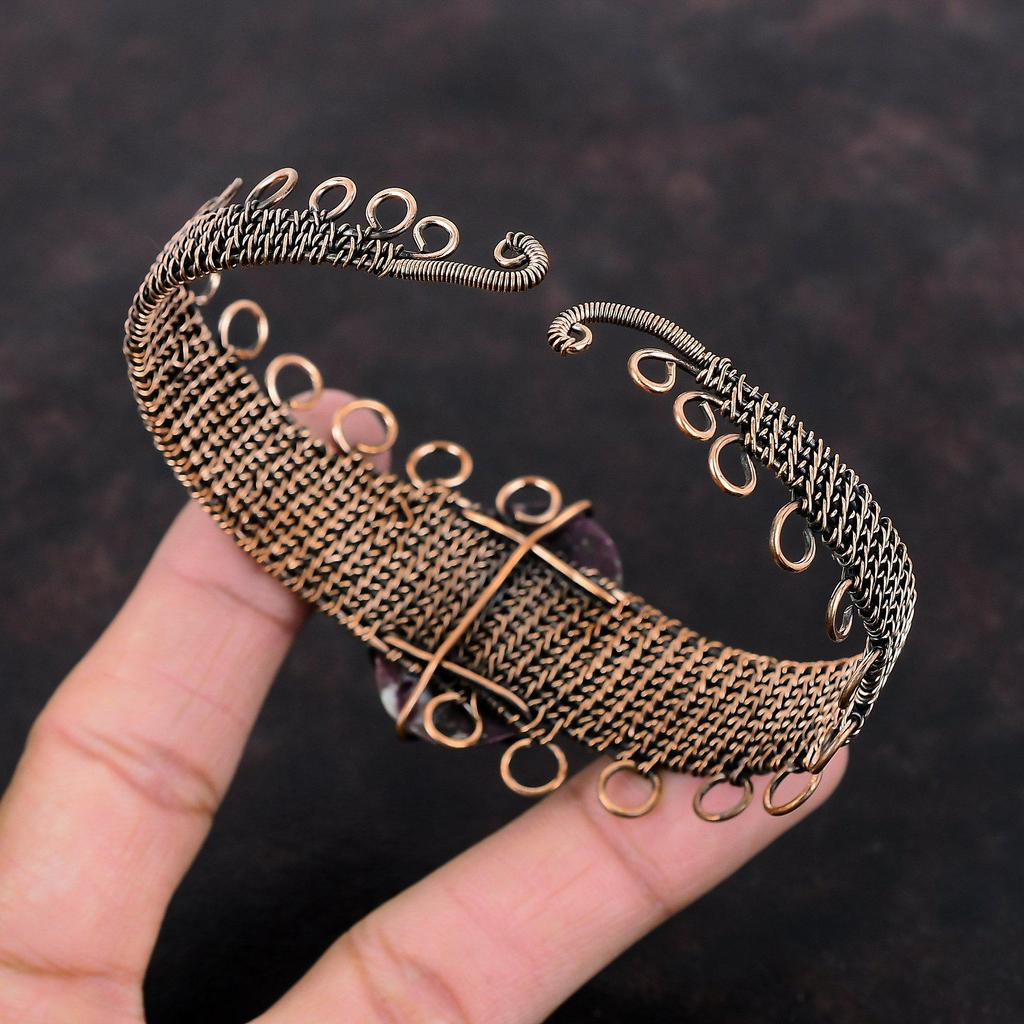 Браслет-манжета с розовым турмалином, медная проволока, регулируемый браслет, оригинальный браслет с драгоценными камнями, медные украшения для подарка, браслет-манжета ручной работы