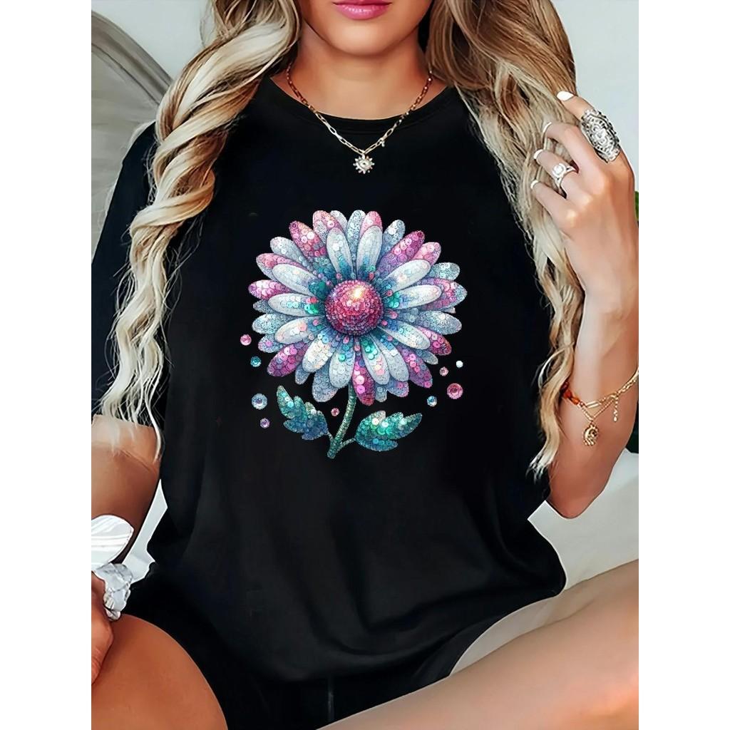 Women's Animation Floral Print T-Shirt - Casual Crew Neck, Short Sleeve Elastic Breathable Polyester Fabric - Perfect for Spring/Summer/Fall