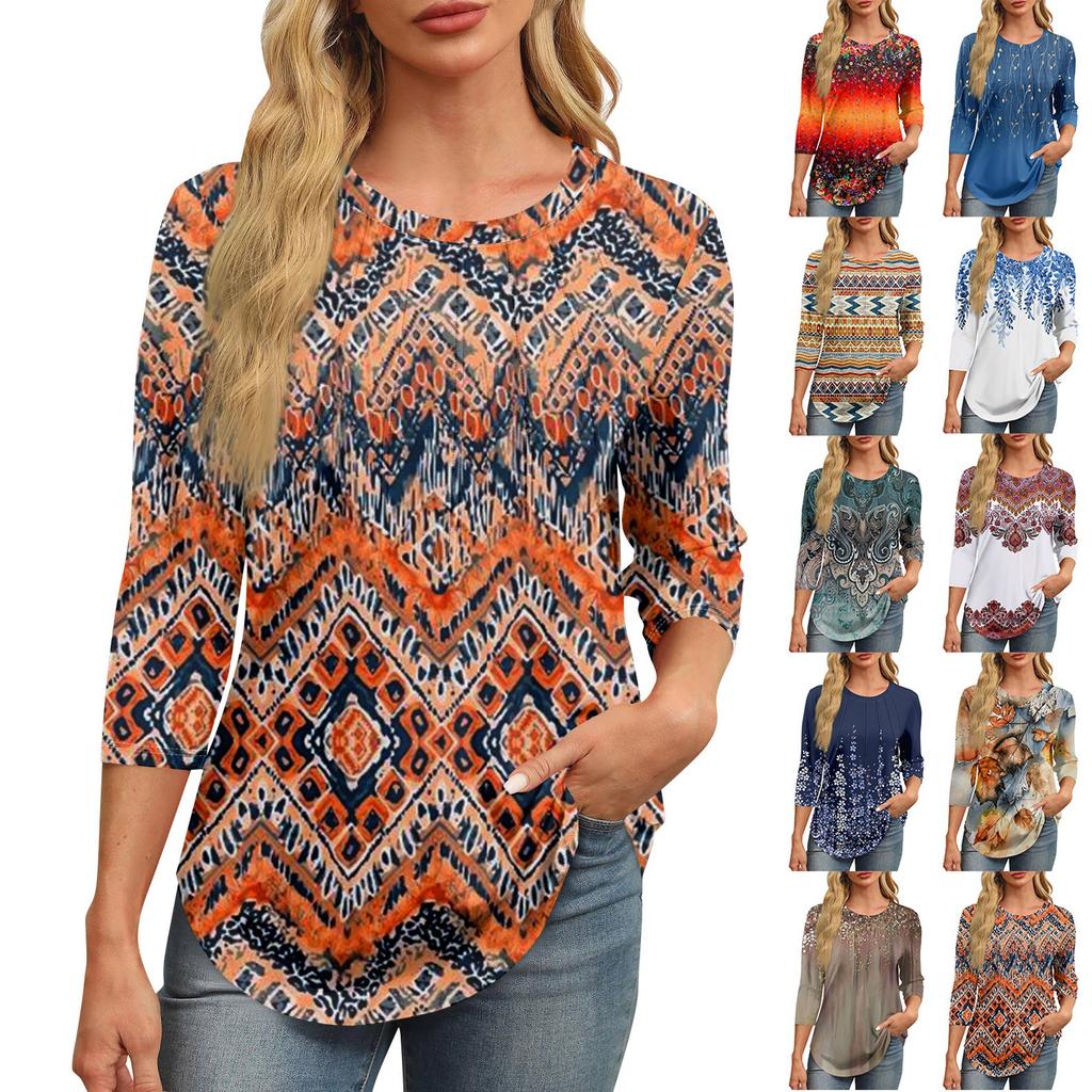Женская модная футболка с круглым вырезом и рукавом 3/4 с принтом, повседневная, базовая, плиссированная, пуловер