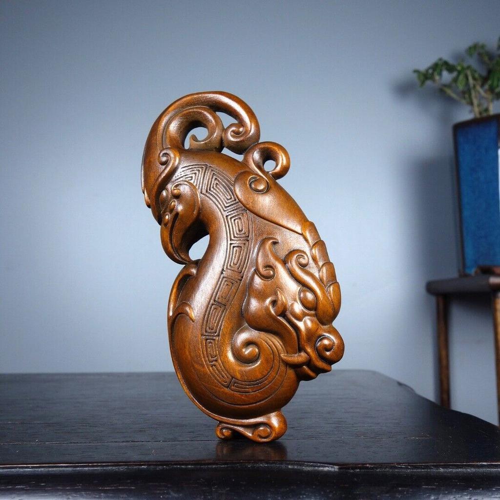 Chinese Boxwood Wood Carved Exquisite Dragon Phoenix Statue Wooden Figurines Art