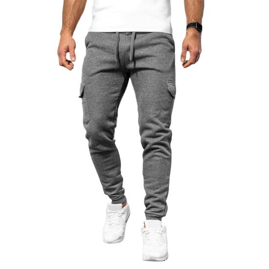 Men Winter Sweatpants Drawstring Waist Fleece-Lined Jogger Pants with Multiple Pockets Solid Color Thick Cargo Pants for Work Street Wear