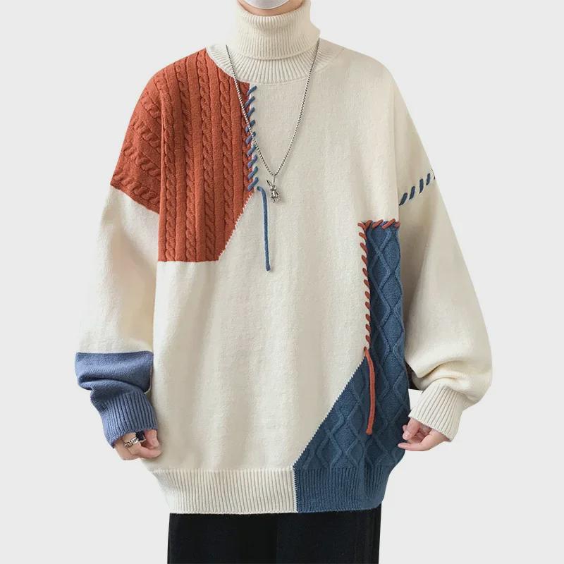 Men's Warm Knitted Winter Turtleneck Sweater - Contrast Design, Long Sleeve