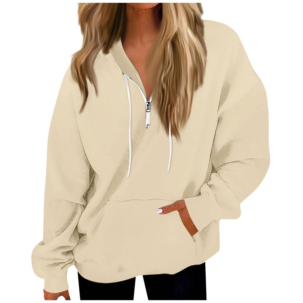 Women's Casual Fashion Long Sleeve Solid Color Zip Pullover Hoodies Sweatshirt Top
