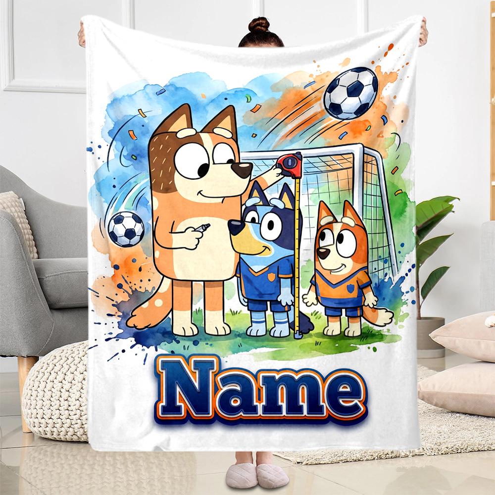 Bluey's Soccer Fun Personalized Text Blanket Cozy Personalized Blanket Durable Comfort Perfect for Couch Living Room Livingroom Bed