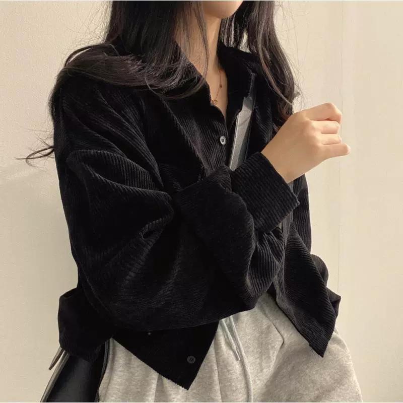Women's Spring and Autumn Retro Loose Corduroy Thickened Versatile Stackable Long Sleeve Shirt Coat Women's Salt Series
