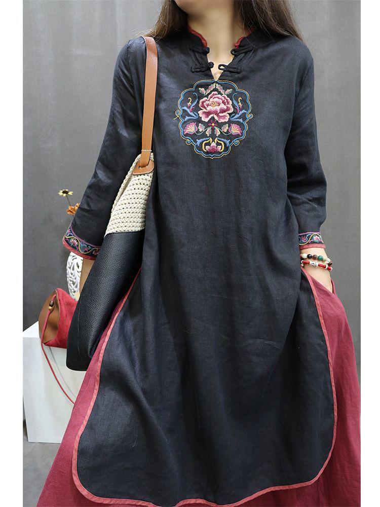 «Летнее платье-ципао из хлопка и льна с вышивкой»