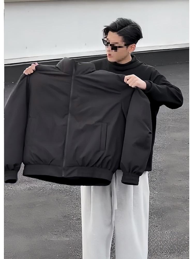 Men's American Rebellious Black Bomber Down Coat - Loose Fit Short Workwear Jacket