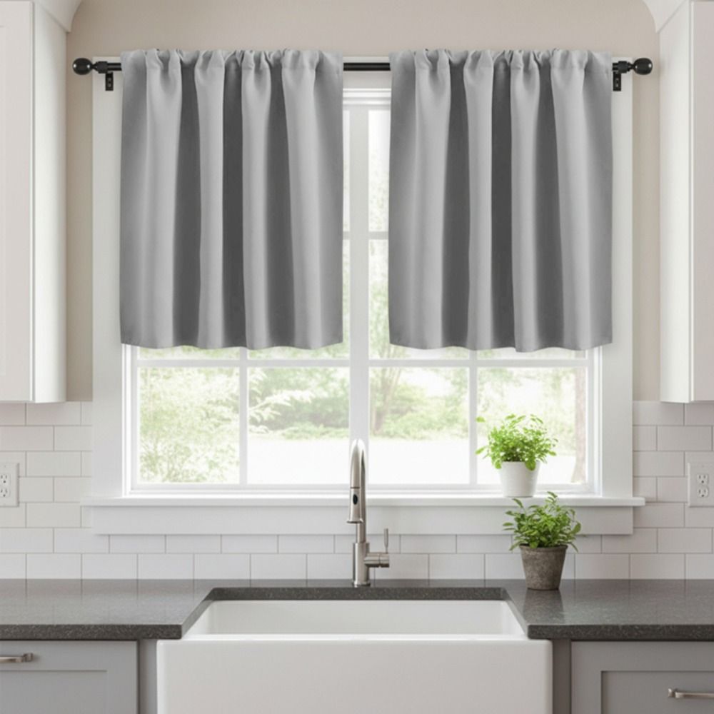 2PCS Solid Color Kitchen Short Curtain Through-rod Design Cabinet Curtain  Fireplace