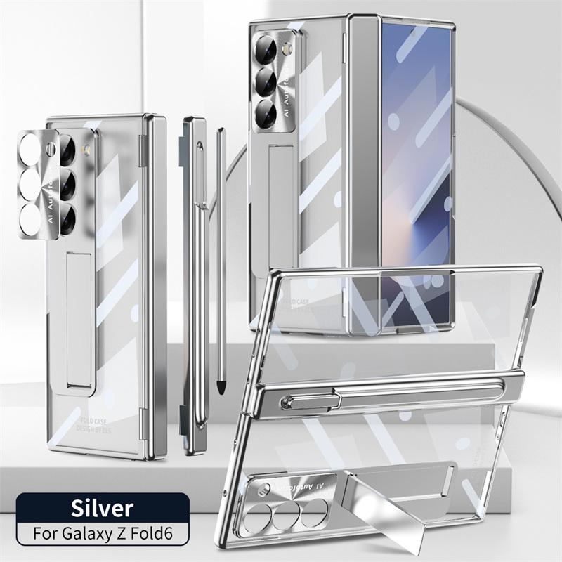 For Samsung Galaxy Z Fold 8 Ultra / 7 6 5 4 3 Plating PC Double Hinge Protect Stand Pen Slot Case with Tempered Glass Stylus Pen