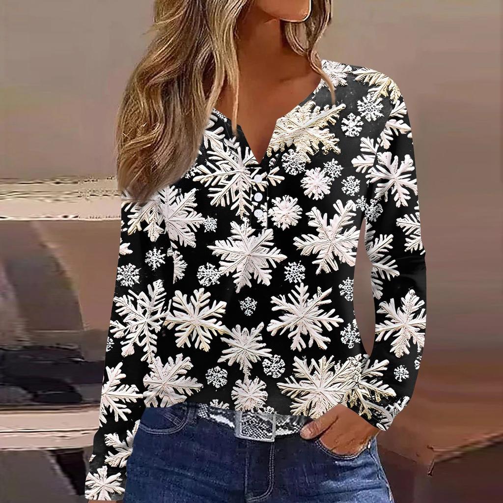Женская футболка с рождественским принтом на пуговицах с длинным рукавом, повседневная, выходного дня, модная, базовая, с V-образным вырезом, обычная