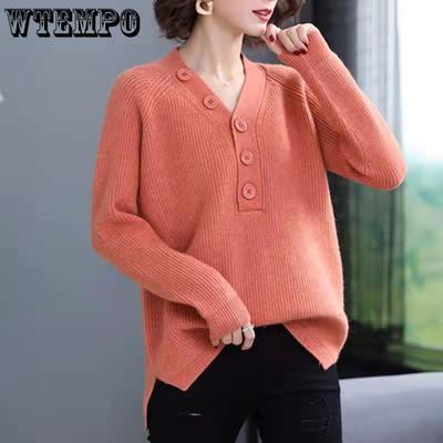 Женский пуловер с V-образным вырезом, осенний новый стиль, свободный и толстый, однобортный вязаный свитер