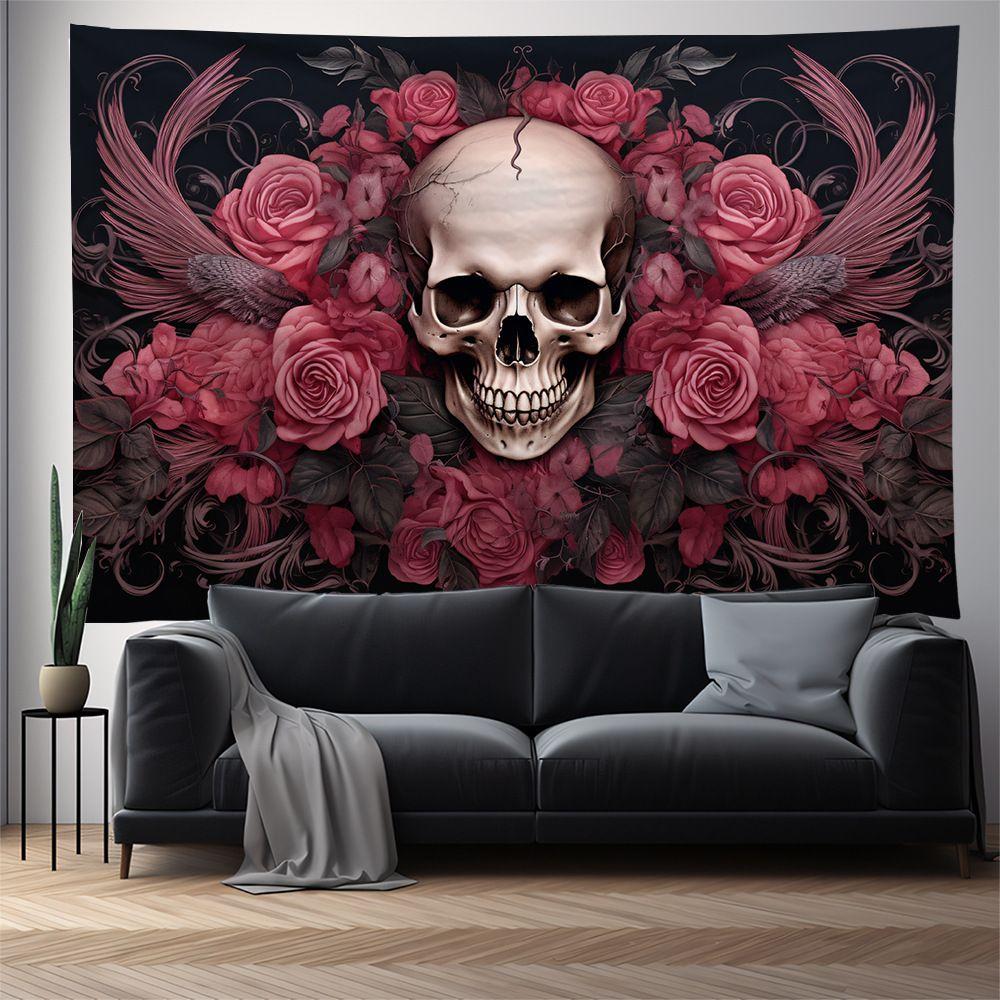 Skull Hippie Tapestry, Pink Gothic Wall Hanging, American Boho Style for Bedroom Living Room Decor
