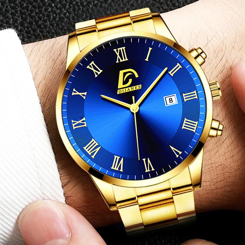 Fashion Mens Gold Stainless Steel Watches Men Business Casual Watch Luxury Calendar Quartz Wristwatch