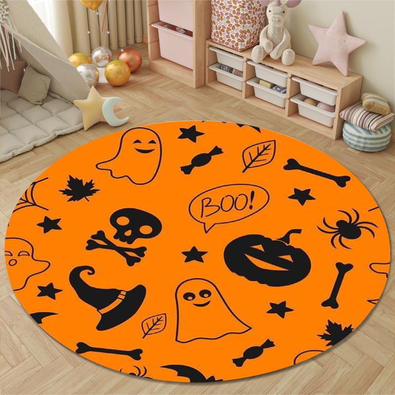 Round Area Carpet Halloween Ghost Pumpkin Witch Hat Spider Boo Orange Kids Playroom Decor