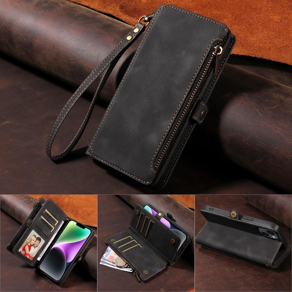 Zipper Pocket Leather Phone Case for iPhone 15,RFID Blocking Wallet Stand Phone Cover