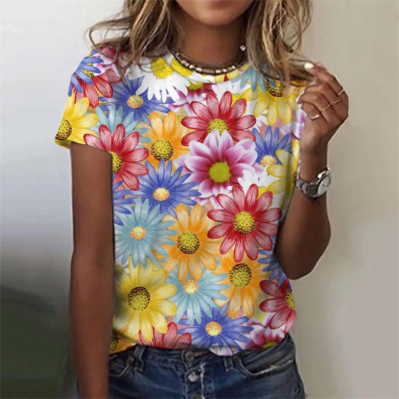 3D Printed Flower T Shirt For Women Floral Graphic Short Sleeves Summer Fashion Street O-Neck Tees Tops Loose Oversize T-Shirts