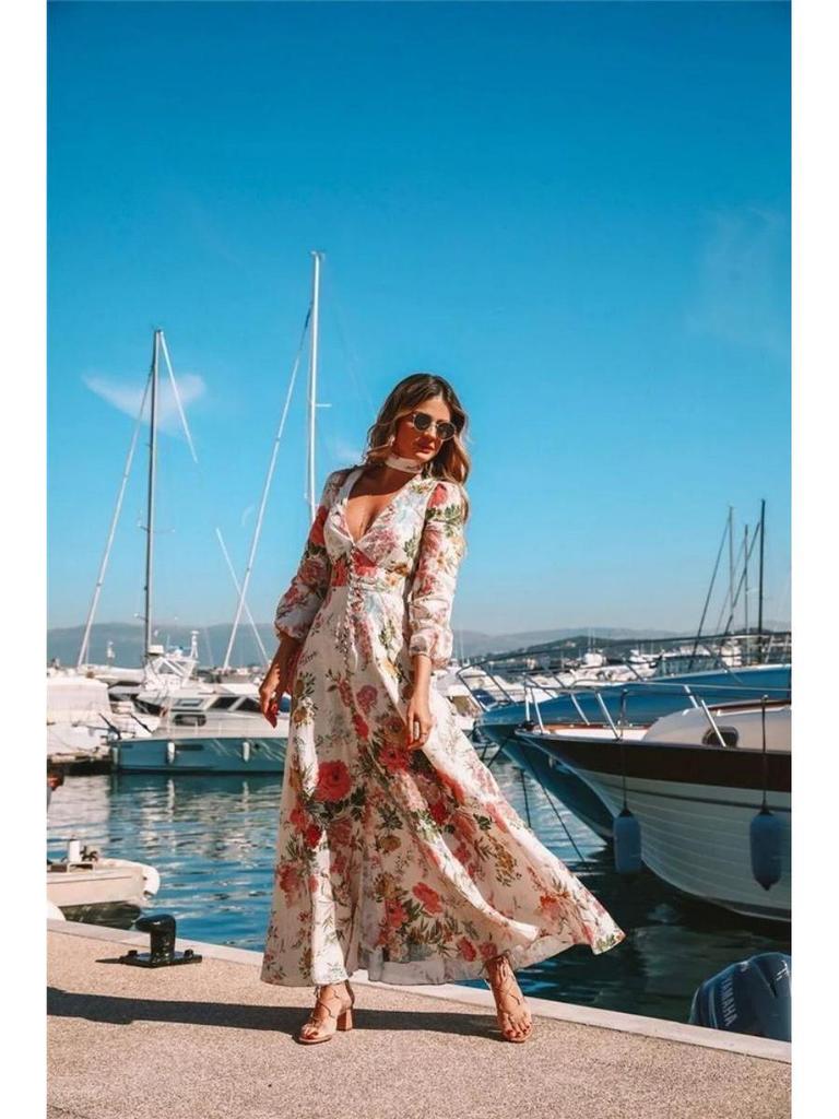 Romantic Floral Print Deep V-Neck Long Sleeve Maxi Dress for Spring/Summer 2021