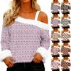 Women's Off-the-shoulder Plush Neck Printed Long-sleeved Pullover T-shirt Top
