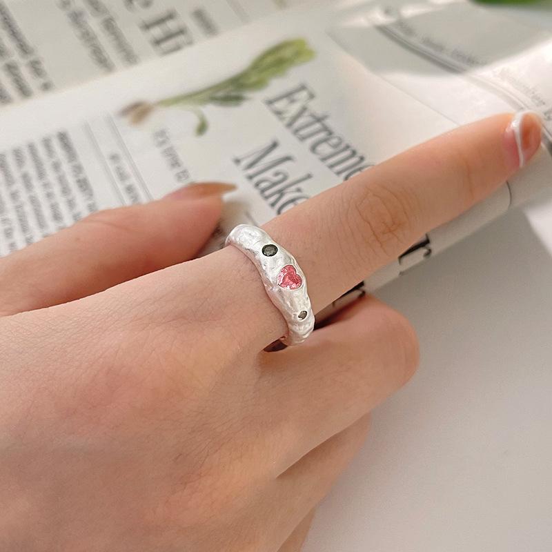 ANENJERY Кольца на указательный палец с розовым цирконием и серебряным цветом, неправильная текстура, для женщин, милый ретро-дизайн, вечерние ювелирные изделия, подарок