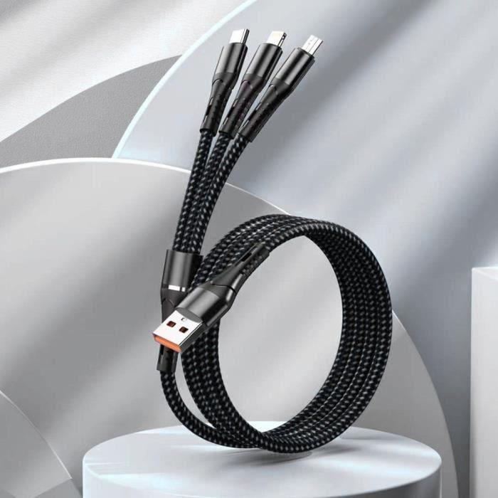 Câble de Charge 3 en 1 - E.F.CONNECTION - Nylon Tressé 1,2 Mètre Noir