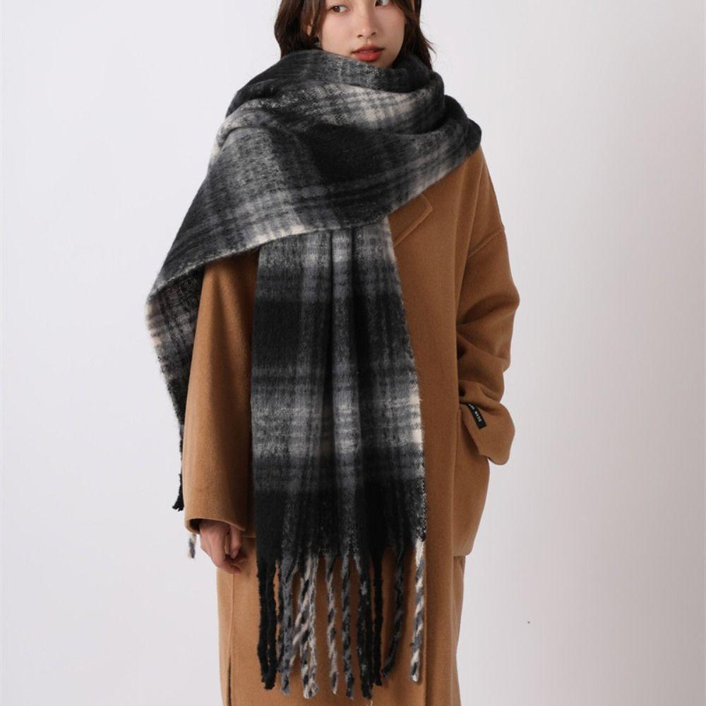 Retro Mohair Plaid Wool Scarf Tassel Thicken Winter Cashmere Scarves Solid Color Plush Long Shawl Student
