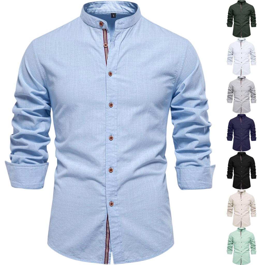 Мужская рубашка с длинным рукавом в стиле business casual, хлопково-льняная, для повседневной носки