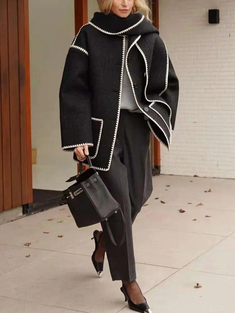 Шерстяная куртка женская осенняя лоскутная шарф с кисточками однобортное пальто с карманами повседневная мода свободный топ с длинным рукавом уличная одежда