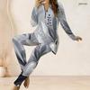 Women Plus Size Grey Printed Half Zip Long Sleeve Top And Fitted Long Pants Two Piece Outfit