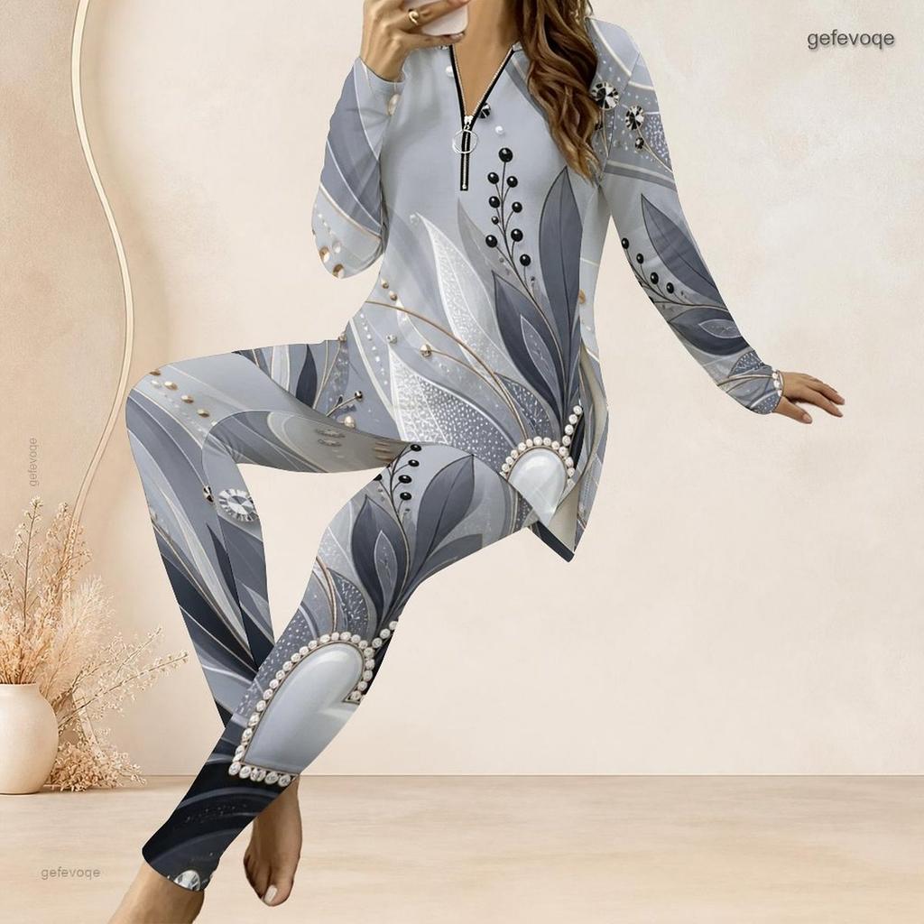 Women Plus Size Grey Printed Half Zip Long Sleeve Top And Fitted Long Pants Two Piece Outfit