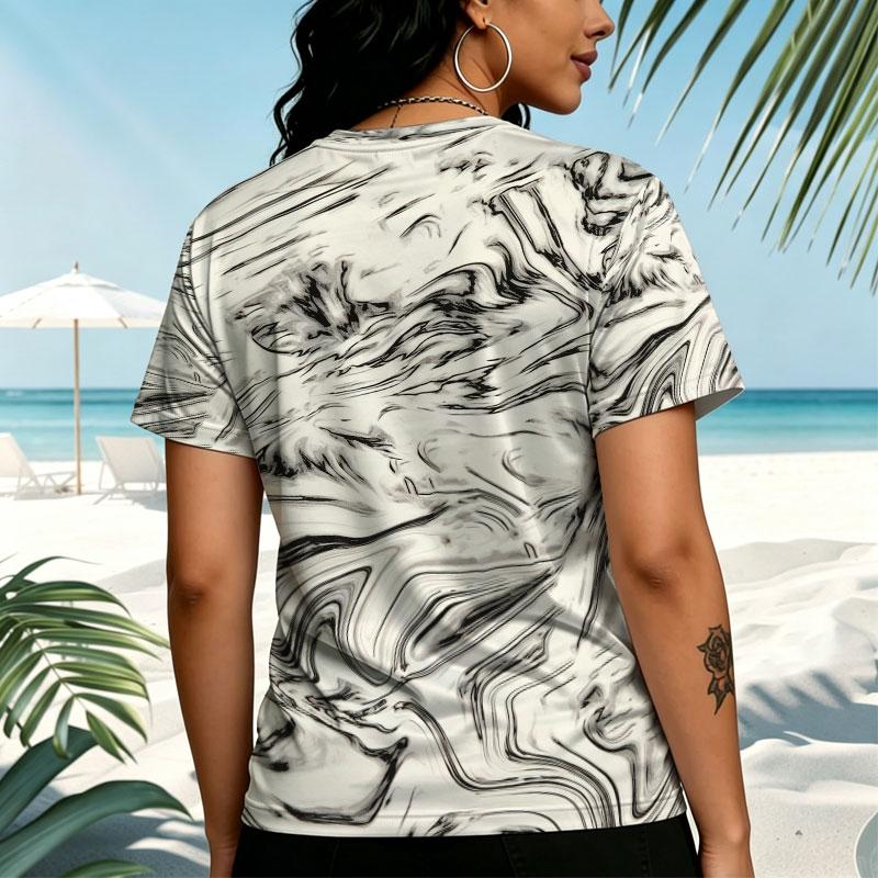 Women's Short Sleeve Top Relaxed Fit Comfy Cotton Basic Inner Layer, Watercolor Ink Pattern, Versatile for Daily Wear, Vacation & Park Walks