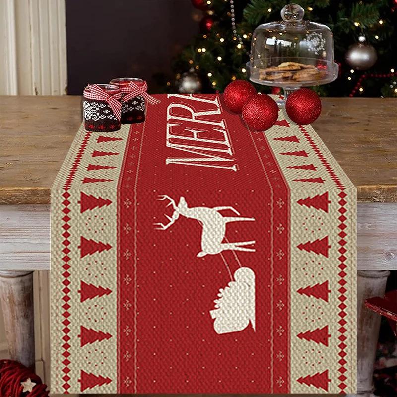 2025 Льняной Рождественский Цветок Безликий Гном Лось Дерево Печатный Дорожка для Стола Баннер Кухонная Скатерть Покрытие Стола Украшения Дома